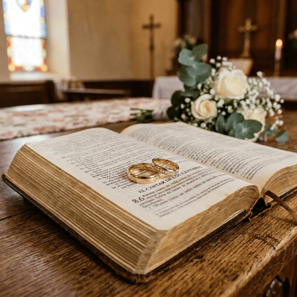 Gold wedding rings on an open Bible beside white flowers in a church